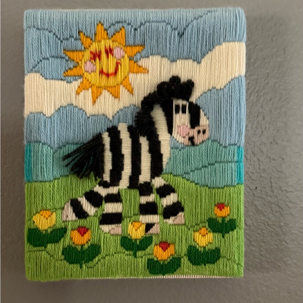 Vintage 1980s yarn embroidered zebra decor